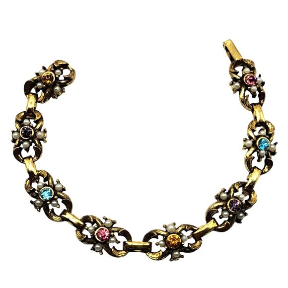 Vintage Coro Rhinestone Bracelet Pink Blue Purple Topaz Yellow Imitation Faux Pe - Picture 1 of 9